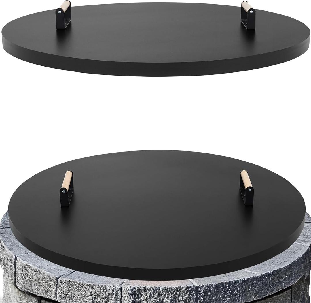 Fire Pit Lid Round 36", Heat Resistant Metal Firepit Cover with 2 Wooden Handles for Round Patio Fire Pit, Compatible for Firepits Inside Dia Up to 34"