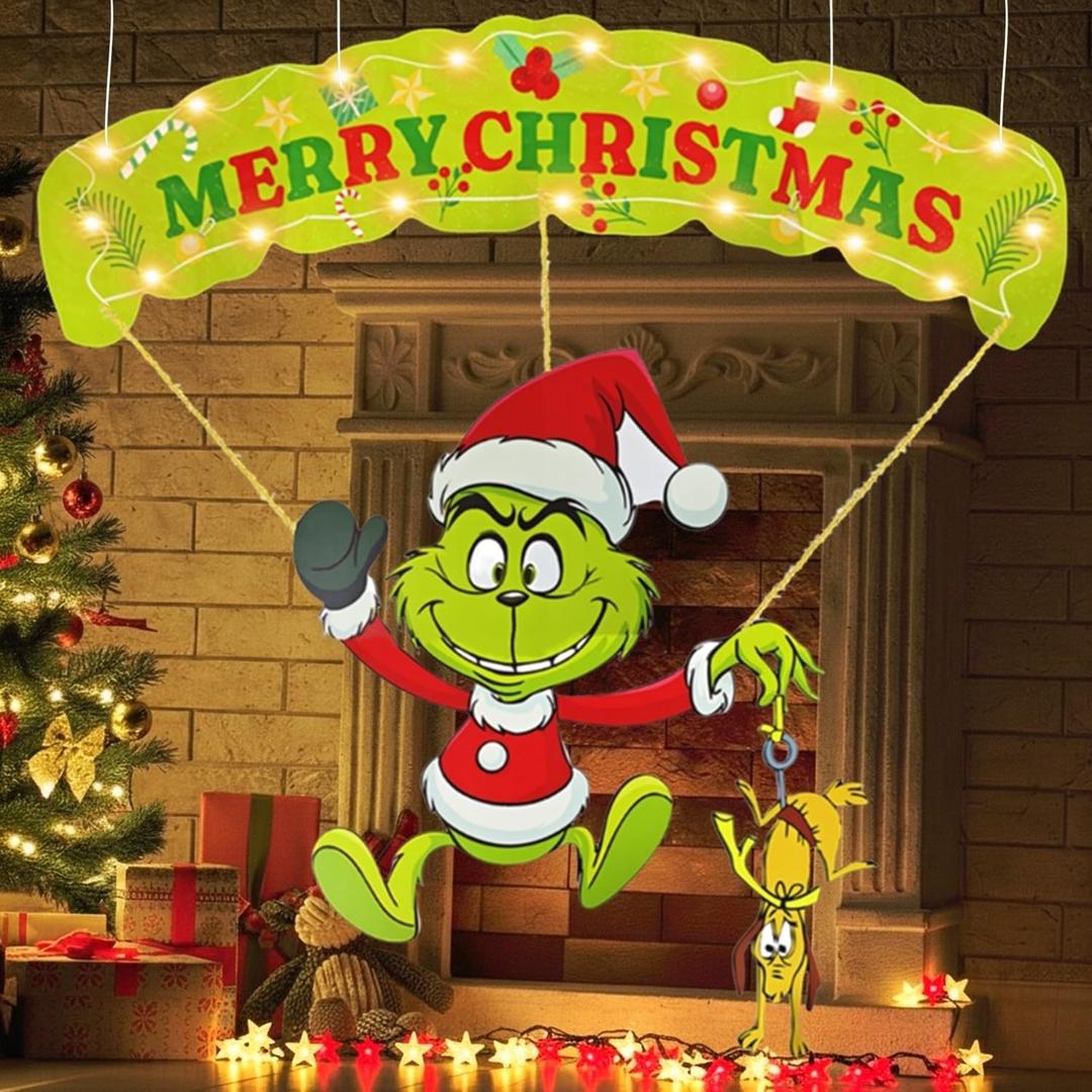 Outdoor Christmas Home Decorations, 7Pcs Lights Up Christmas Parachute Signs Decor, Cute Xmas Hanging Ornament with LED String Lights for Yard, Door, Christmas Tree Decoration