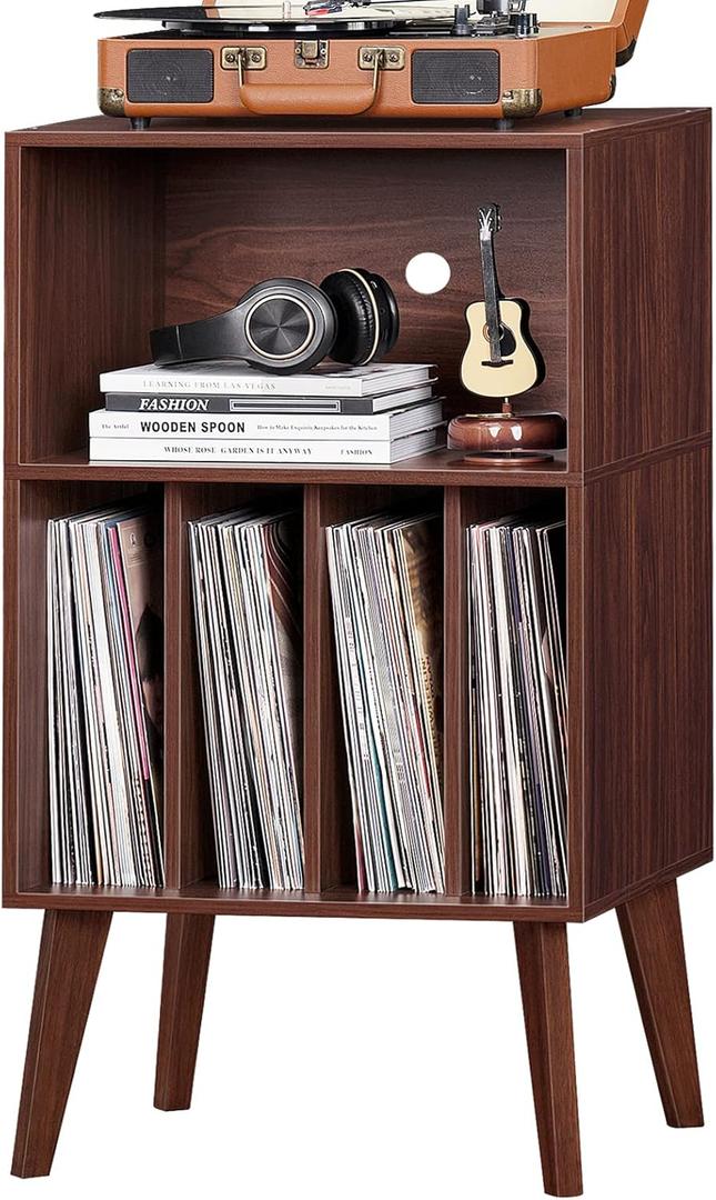Lerliuo Record Player Stand, Walnut Turntable Stand Holds up to 160 Albums, Mid-Century Vinyl Storage Cabinet Table with Solid Wood Legs, Record Player Holder Dispaly Shelf for Bedroom Living Room