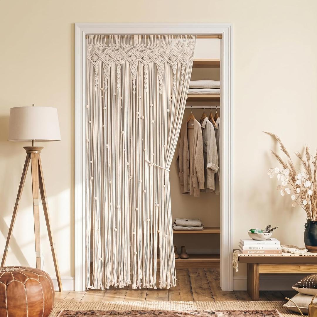 Lino Rosa Beaded Curtain for Doorway, Boho Beads Closet Curtain for Open Closet, Hanging Room Divider for Room Separation, 36" W x 80" L, Cream