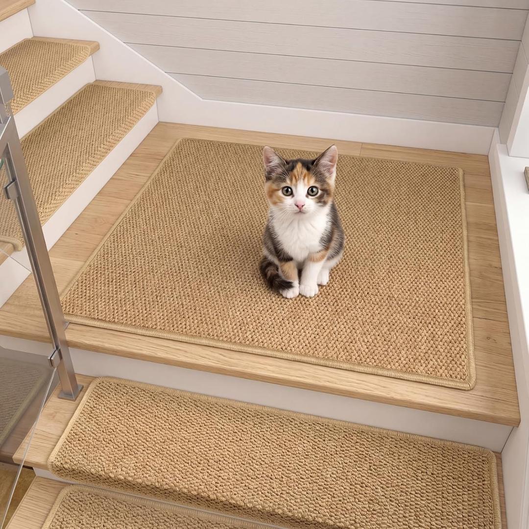 Nuanchu 1 Pcs Bullnose Carpet Stair Treads Non Slip Stairs Treads Washable Bullnose Carpet Pads for Indoor Wooden Steps Pet Safety Rugs (30''x30'',Jute)