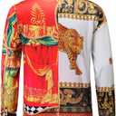 Mens Luxury Print Dress Shirt Long Sleeve Button-Down Shirt | Mens Western Print Silk Paisley Long Sleeve Button Down Dress Shirt Designer Mexico Cowboy Baroque Luxury Party Casual ShirtsX-Large, Black Red