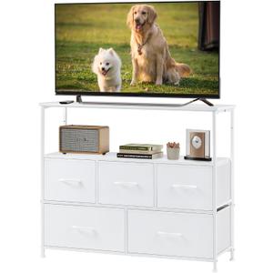 DUMOS TV Stand, Dresser with 5 Fabric Storage Drawers, Media Console Featuring Open Shelf for TV, Compact Entertainment Unit for Bedroom, Living Space, or Dorm Organization, White, 39.4"D x 11.8"W x 31.5"H