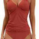 B2prity Halter Tankini Swimsuit for Women Tummy Control Two Piece Bathing Suit V Neck Swimwear with Shorts (Medium, Reddish Brown)