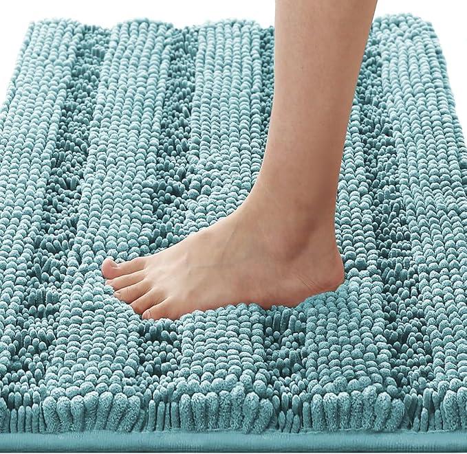 H.VERSAILTEX Extra Thick Chenille Striped Pattern Bath Rug for Bathroom Non Slip - Soft Plush Shaggy Mats for Floor, Indoor, Entryway (Aqua Haze, 24 x 17 - Inches)
