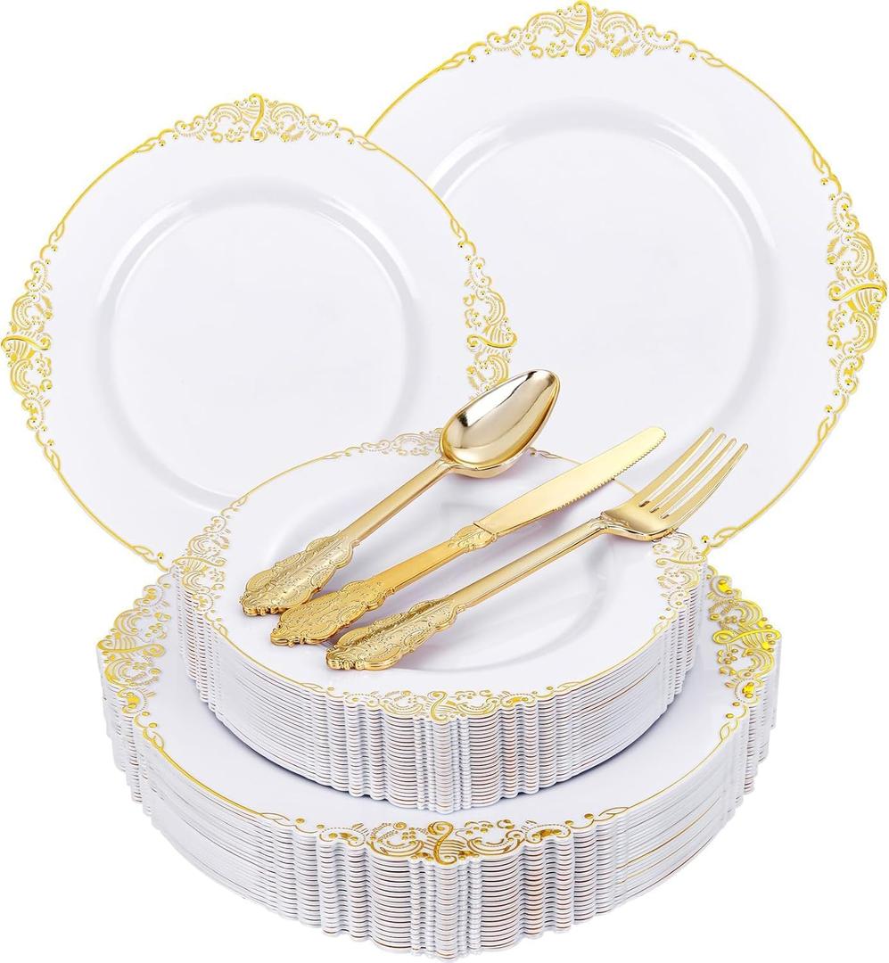 125PCS White and Gold Plastic Plates - Gold Disposable Plates with Plastic Silverware - Vintage Disposable Dinnerware Set for 25 Guests for Wedding Party Dinner Holiday