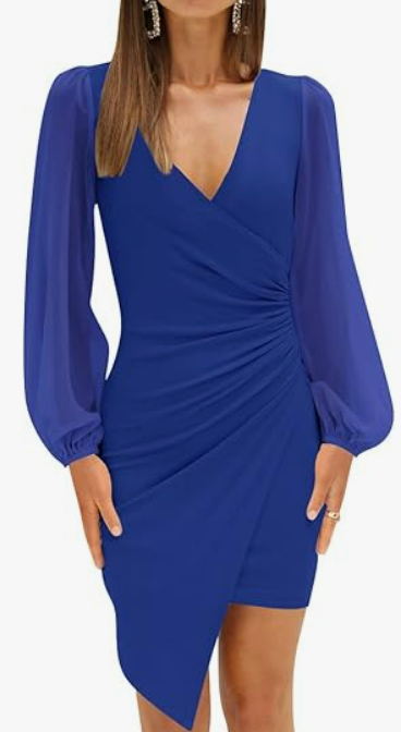 ZESICA Women's Wrap V Neck Bodycon Mini Dress Puff Long Sleeve Ruched Asymmetrical Hem Cocktail Party Short Dresses (Medium, Royal Blue)