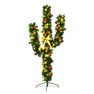 Goplus 5 ft Pre-Lit Artificial Cactus Christmas Tree, Xmas PVC Tree with 90 LED Lights and Ball Ornaments, Seasonal Holiday Decoration Tree for