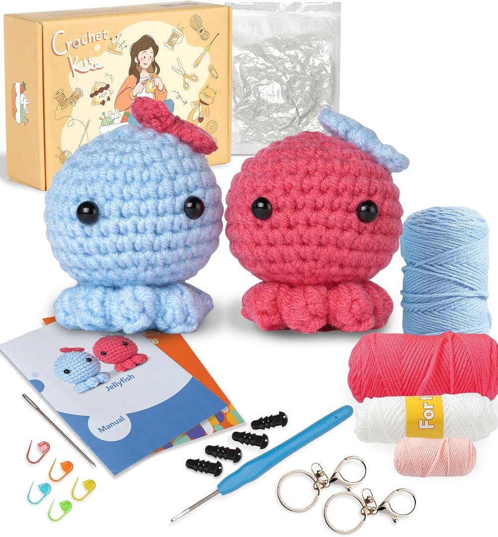 Crochet Kit for Beginners,Crochet Animal Kit 2 Octopus for Adults and Kids with Step-by-Step Video Tutorials,DIY Knitting Supplies,40% Extra Practice Yarn