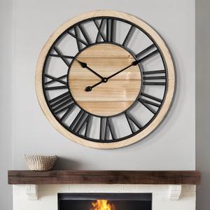 LEIKE 24 Inch Large Wall Clock - Rustic Wooden Silent Non-Ticking Wall Clock with Black Metal Frame, Vintage Farmhouse Decorative for Living Room, Bedroom, Kitchen - Roman Numerals, Modern Design