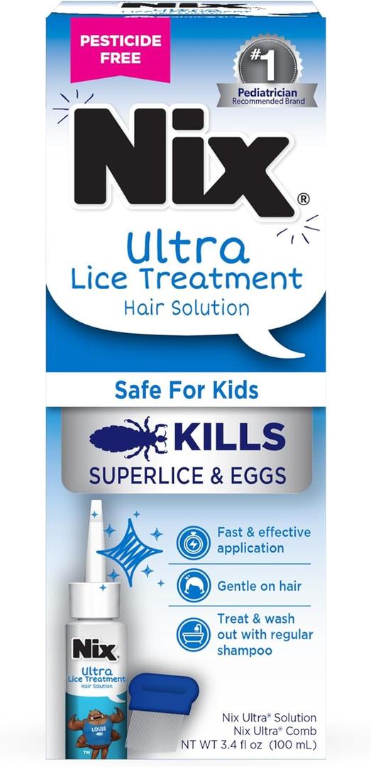 Nix Ultra Lice Treatment Hair Solution & Lice Comb, Kills Superlice & Eggs, 3.4 Fl Oz