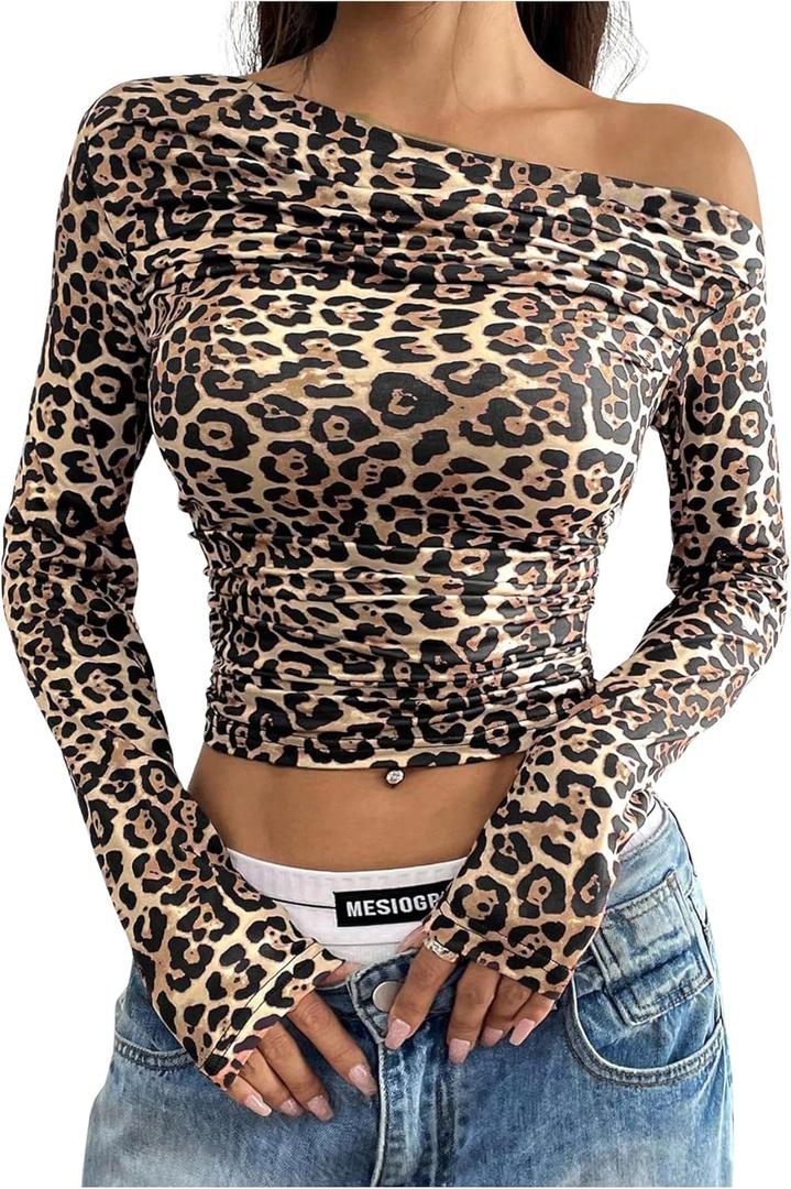 Floerns Women's Leopard Print Asymmetrical Neck Crop Tops Ruched Long Sleeve Tee Shirts (L)