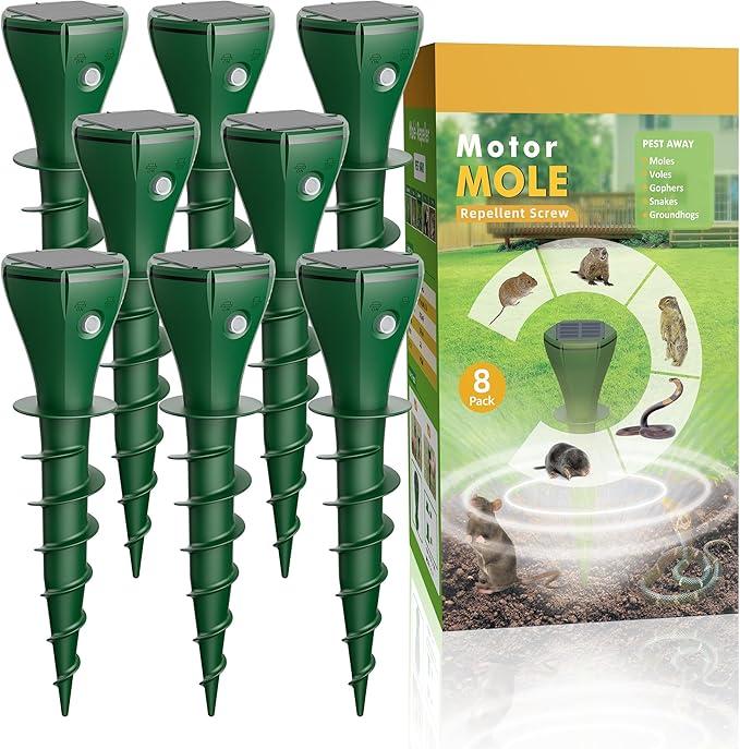 Mole Repellent Solar Powered, 8 Pack Snake & Skunk Repellent for Yard, IP 65 Waterproof Ultrasonic Deterrent Stakes, Get Rid for Rabbit, Gopher, Vole, Chipmunk, Deer, Groundhog for Lawns Garden