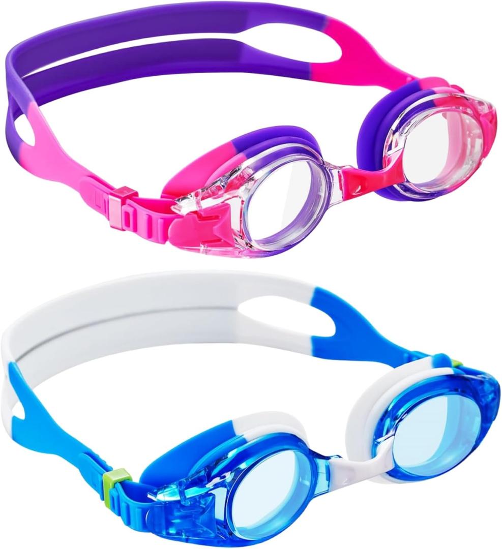 Aegend 2 Pack Kids Goggles, Swimming Goggles for Kids Age 4-16 Boys and Girls Youth, Anti-Fog Waterproof Anti-UV Pool Goggles (Pink Purple & Blue-white)
