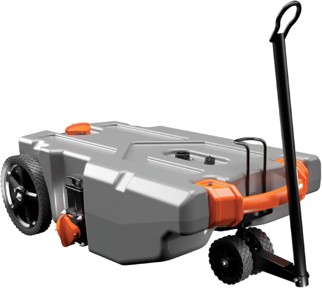 Camco Rhino 28-Gallon Portable Camper/RV Tote Tank | Features 2 Steerable No-Flat Front Wheels & Built-In Gate Valve | Includes Removable 24" Tow Bar, 3 Sewer Hose & More RV Accessories (39005)