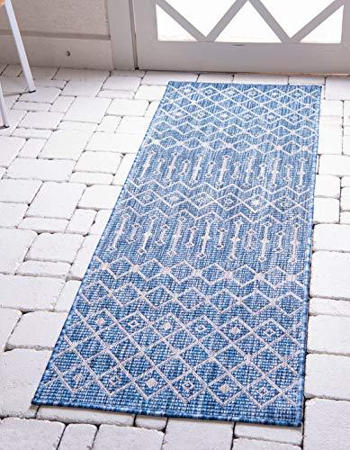 Unique Loom Outdoor Trellis Collection Area Rug - Tribal Trellis (2' x 6' 1" Runner, Blue/ Ivory)