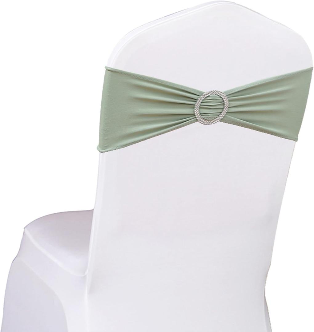 Pack of 50 Spandex Sage Green Chair Sashes Bows Elastic Chair Cover Bands Slider Buckles for Wedding Reception Banquet Bridal Decorations - Sage Green