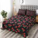 Queen Size Bed Sheet Sets, Red Black Cherry Fruit Soft Microfiber 4 Pcs Bedding Sets for Kids and Adults Bedroom Bed Decor, Retro Leaf Summer Flat, Fitted Sheet and 2 Pillowcases (Cherries)