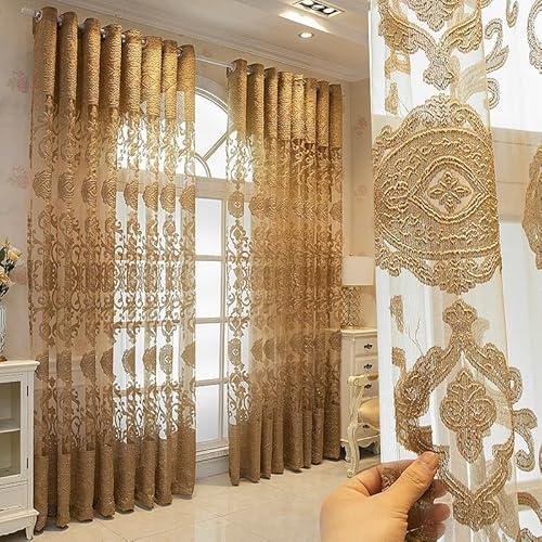 FeLoneny European Golden Flower Embroidery Sheer Curtains Villa Luxury Grommet Top Voile Drape for Living Room Curtain Panel Tulle Home Decor 52 inch Wide by 96 inch Long 1 Set of 2 Panels