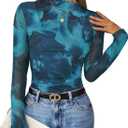 ZESICA Floral Long Sleeve Tops for Women 2026 Fall Mesh Mock Neck Ruched Fitted Shirts Going Out Blouses Trendy Clothes, L