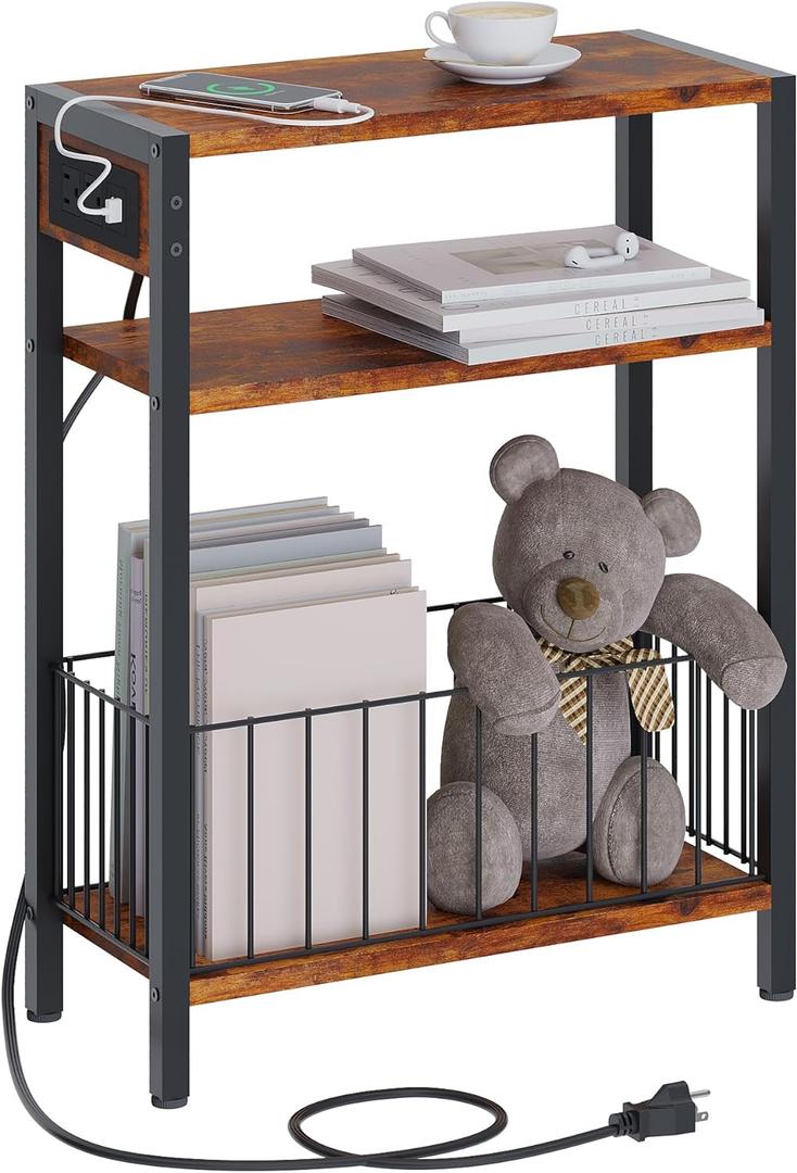 Narrow Side Table with Charging Station, Small End Table for Small Spaces, Slim Nightstand with Storage Basket, 3 Tier Skinny Bedside Table for Living Room, Bedroom, Rustic Brown (1 PC)