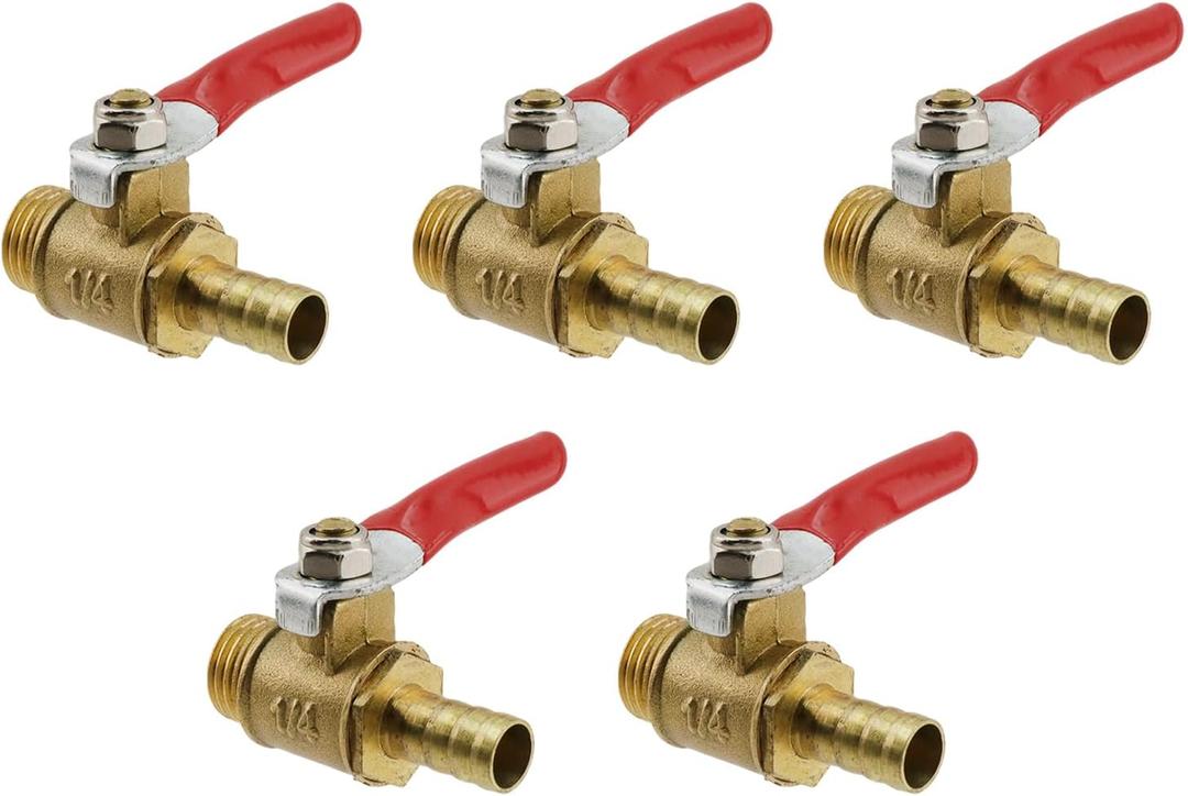 Ball Valve Shut Off Switch 1/4" Male Thread x M8 Hose Barb Pipe Tubing Fitting for Air Gas Fuel -5pcs