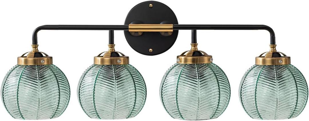 4-Lights Bathroom Light fixtures Glass Vanity Light Green Bathroom Sconce Mid Century Modern Wall Lamp,Black Gold Art Deco Vanity Light for Over Mirror Bedroom Hallway Dining Room