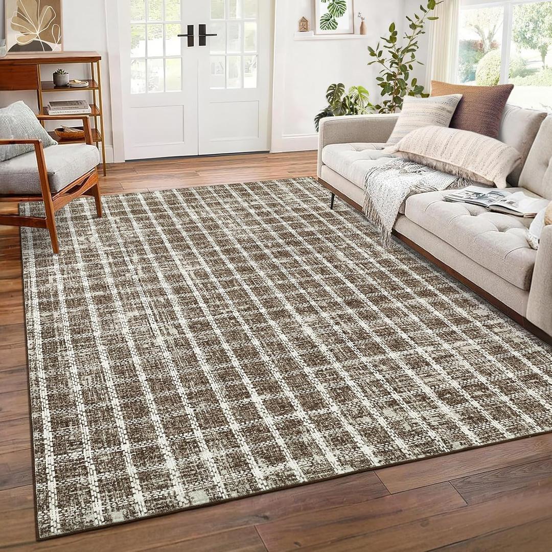 Checkered Washable Area Rug 6x9 Rug for Living Room Tan Brown Brown Braided Geometric Print Soft Thin Carpet for Bedroom Dining Nursery Rug with Rubber