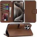 Arae Compatible with iPhone 15 Pro Max Case with Card Holder and Wrist Strap Wallet Flip Cover for iPhone 15 Pro Max 6.7 inch Men RFID Blocking, Wristlet, Kickstand,Litchi Brown