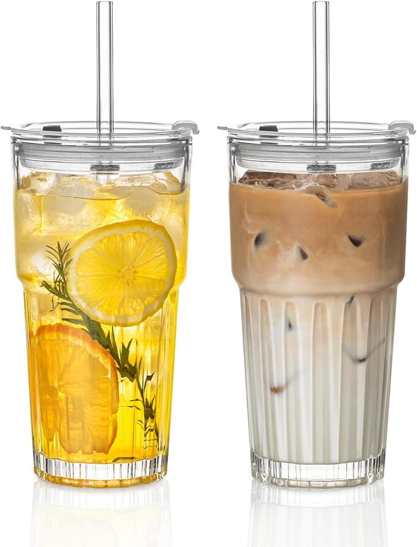 INSETLAN 20oz Clear Glass Cups & Tumbler Set with Lids & Straws  2-Pack, Reusable Drinking Cups for Iced Coffee, Smoothies, Tea, Juice, Leak-Proof, Spill-Proof, Ideal for Home and Outdoor Use