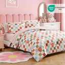 AMBERSPACE Queen Comforter Set for Girls, Colorful Checkered Bedding Set with Cute Floral, All Season Plaid Kids Bed in a Bag 7 Pieces with Sheets, Pillowcases & Shams