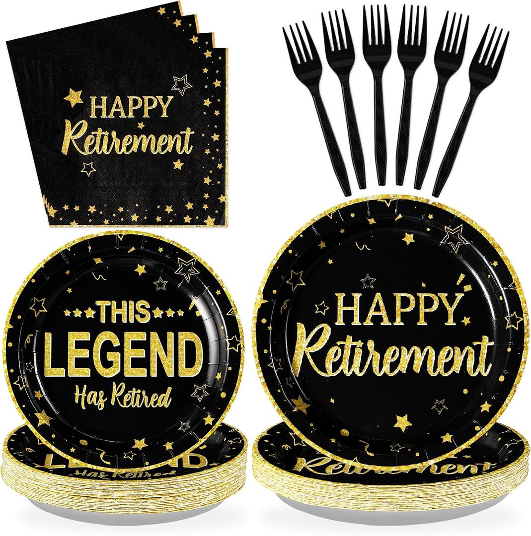 Grencian 96 Pcs Retirement Party Plates Black and Gold Happy Retirement Party Supplies Disposable Black and Golden Retired Tableware Set for Women Men Retiring Party Favors Serves 24