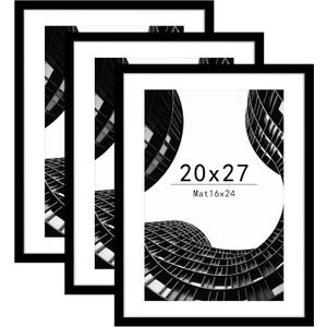 Abtgt 20x27 Picture Frame Set of 3, Display Pictures 16x24 with Mat or 20x27 without Mat, Poster Frame for Wall Mounting Display, Black