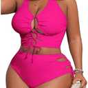 SOLY HUX Women's Plus Size Bikini Set Sexy Swimsuit Lace Up Tummy Control 2 Piece Bathing Suit, Size 2XL