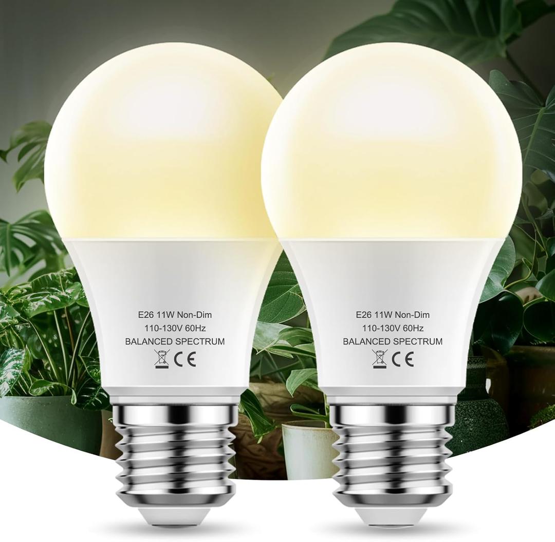 LED Grow Light Bulb A19 - Full Spectrum E26 Base, 11W (100W Equivalent) for Indoor Plants, Flowers, Greenhouse - 2 Pack (Warm White 4000k)