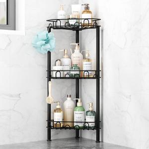 Standing Shower Caddy Corner - 3‑Tier Stainless Steel Shower Organizer Shelf with 12 Hooks and Adhesive Pads, Rustproof Corner Shelves Stand Rack for Bathroom Shower Room, Black