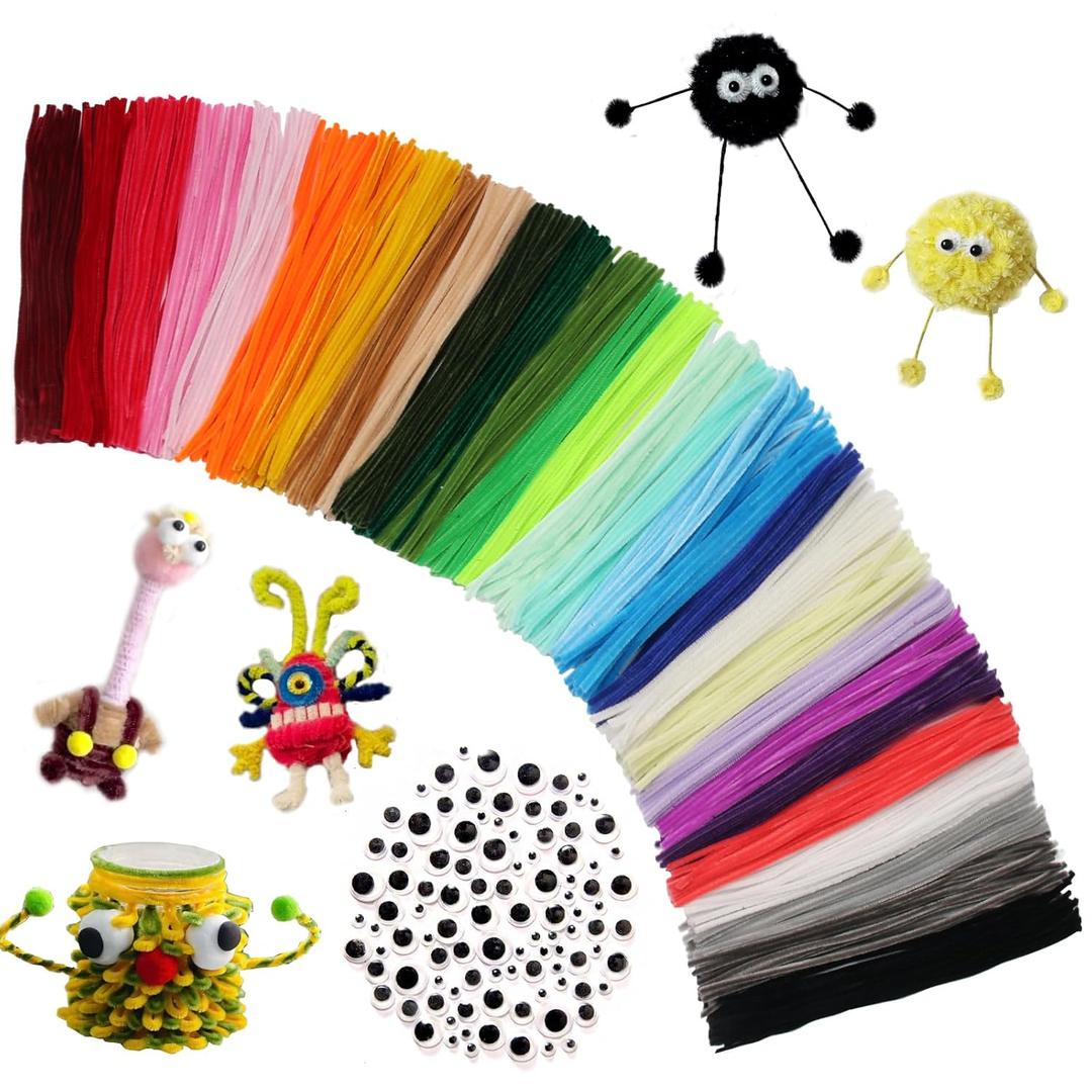 OYVAHOS 600PCS Pipe Cleaners Craft with 100 Self-Adhesive Googly Eyes,Multi-Colored Chenille Stems for Craft Supplies,Pipe Cleaners Bulk for DIY Projects, Room Decor,Decorations(12inch,30colors)
