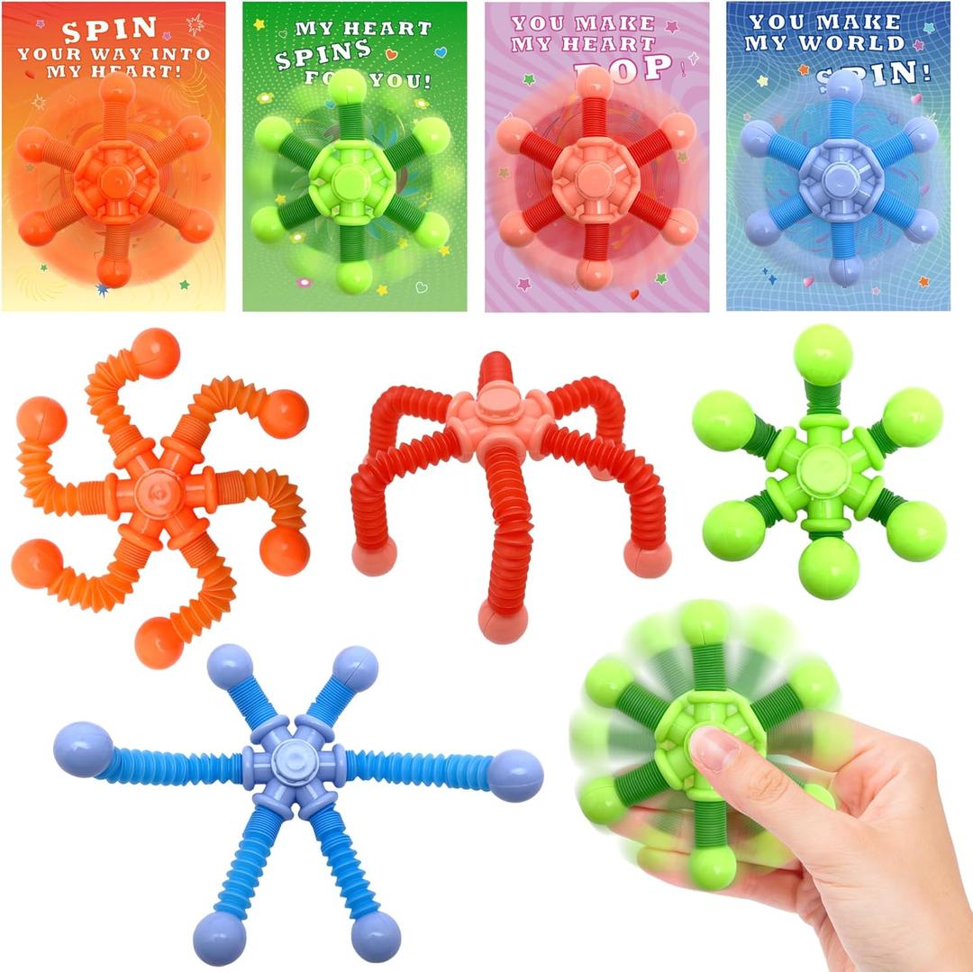 28 Pack Kids Valentine's Cards with Pop Tubes Finger Spinner, 56 Count Unisex Kids Party Favor for Valentine's Day