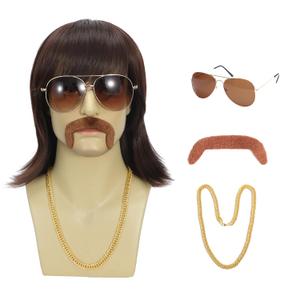 5Pcs Fun Disco Wig Set for Men, ShortBrown 70s/80s Wigs with Bangs,Realistic and Comfortable Synthetic Hairfor Hippie Rockers, Theme Parties,Halloween and Cosplay