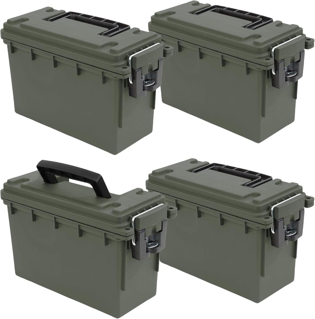 Sheffield 12757 4-Pack Ammo Storage Box, Stackable .30 Cal Field Boxes, Water and Dust Resistant, Lockable Storage Box with Handle, Secures Hunting Gear, Supplies, and Bullets, Made in USA, Green