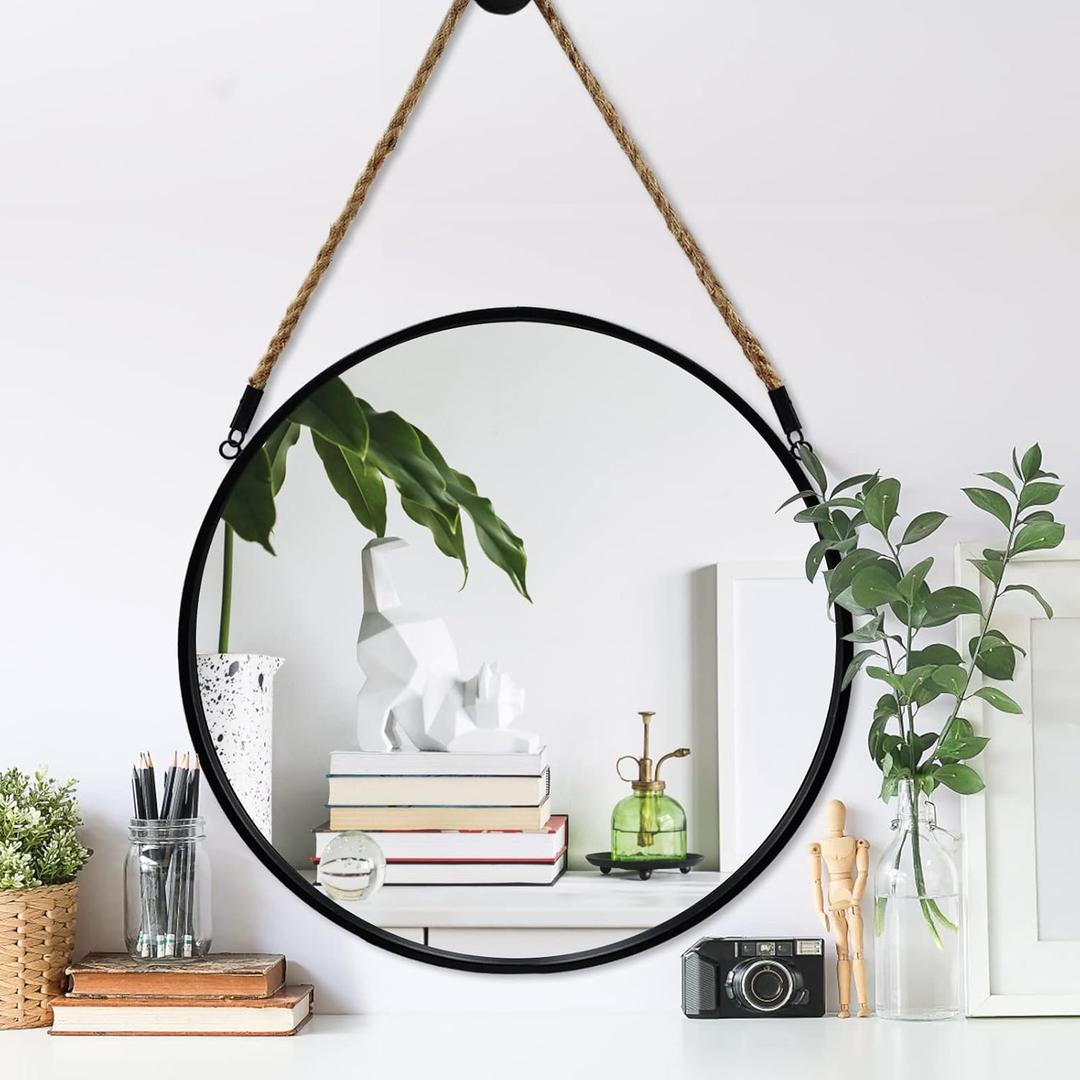 POZINO Round Hanging Mirror, 20" Rope Wall Mirrors Decorative, Black Metal Frame Circle Mirrors, Farmhouse Wall Mounted Mirrors for Bathroom, Bedroom, Living Room, Entryway, Home Decor POZINO Round Hanging Mirror, 20" Rope Wall Mirrors Decorative, Black Metal Frame Circle Mirrors, Farmhouse Wall Mounted Mirrors for Bathroom, Bedroom, Living Room, Entryway, Home Decor