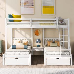 Merax Full Over Twin & Twin Bunk Bed for 3, Wooden Triple Bunk Bed with 2 Storage Drawers, Ladder and Guardrails, No Box Spring Needed, White