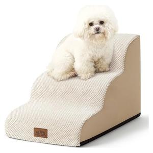 Dog Stairs for Small Dogs 15.7" H, Curved Dog Step for Puppy, Older Cat, Medium Pet Ramp for Sofa, Couch or Chair, Ladder with High Density Foam, 3 Step, 15.7x22.4x15.7 inch, Beige