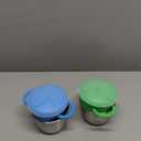 Elk and Friends Stainless Steel Snack Cups | Removable Silicone Food Catcher and Travel Lid | Spill-Proof Snack Containers for Baby, Toddler, Kids | Dishwasher Safe | 2 Pack (Green/Blue)