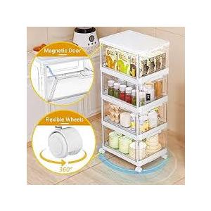 SNSLXH Portable Clear Storage Bins with Lid & Wheels, 24QT Clear Storage Bins with Lid, 4-Tier Plastic Bins with Wheels, Stackable, Magnetic Doors, for Bedroom, Living Room, Office