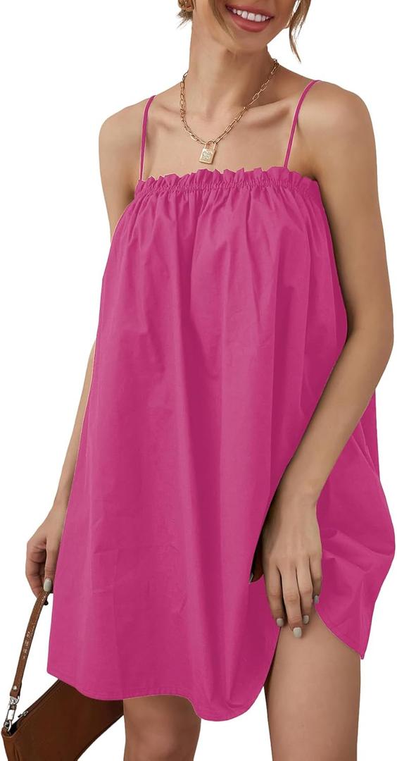 OYOANGLE Women's Spaghetti Straps Sleeveless Loose Ruffle A Line Cami Short Dress with Pocket (Hot Pink, Small)