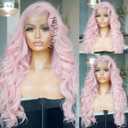 24 Inch Ice Pink Hair Synthetic Lace Front Wigs Pre Plucked Light Pink Colored Lace Front Wig Natural Hairline Heat Resistant Long Body Wave Hair Wigs for Women