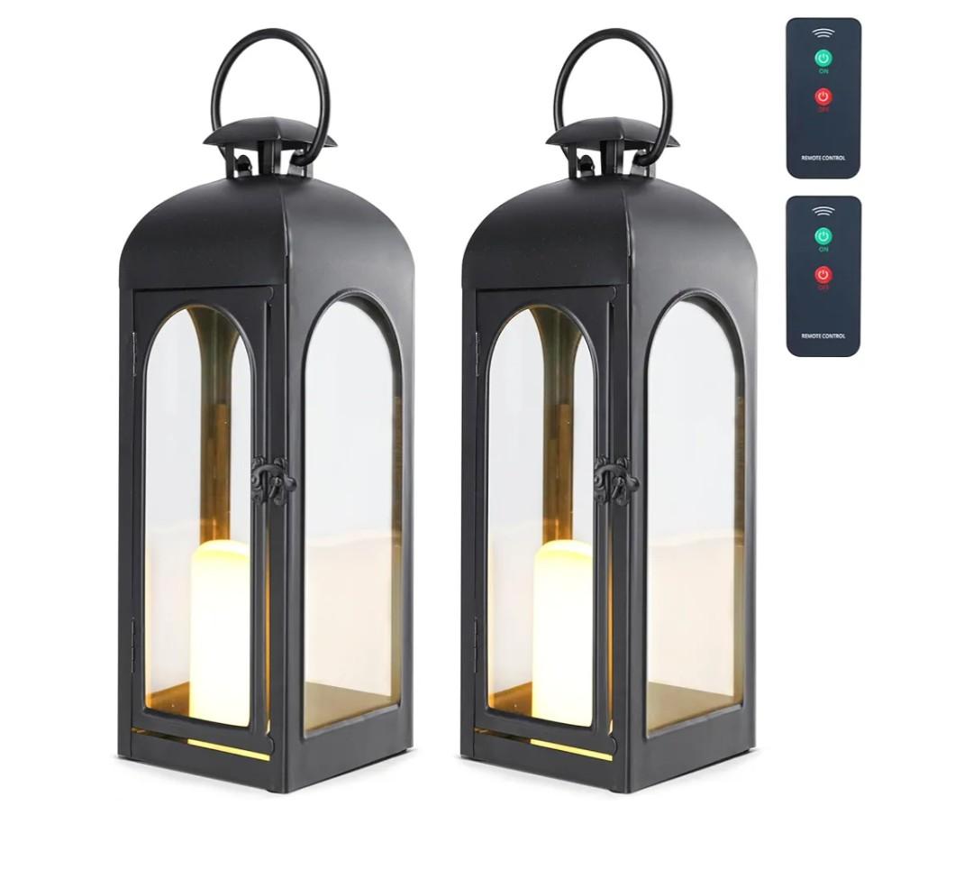 Bdor 2 Pack 20 Inches Metal and Tempered Glass Decorative Lantern with Electronic Wax Effect - Indoor/Outdoor Decorative Lighting, Handcrafted Aesthetic, Perfect for Home, Parties, and Holiday Decor