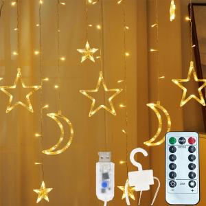 138 Led Curtain String Light Star Moon Icicle Light with 8 Lighting Modes with Timer Remote USB Operated Dimmable Fairy String for Window Wall Home Decoration (Warm White)