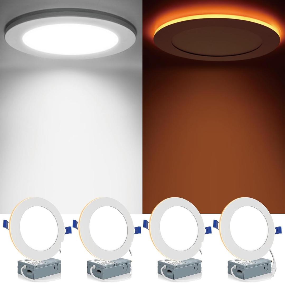 Meconard 4 Pack 6 Inch 5CCT LED Canless Recessed Lighting with Night Light, 2700K/3000K/3500K/4000K/5000K Selectable Ultra-Thin LED Ceiling Lights, 12W=110W, 1050LM, Dimmable Wafer Downlight ETL&FCC (White)